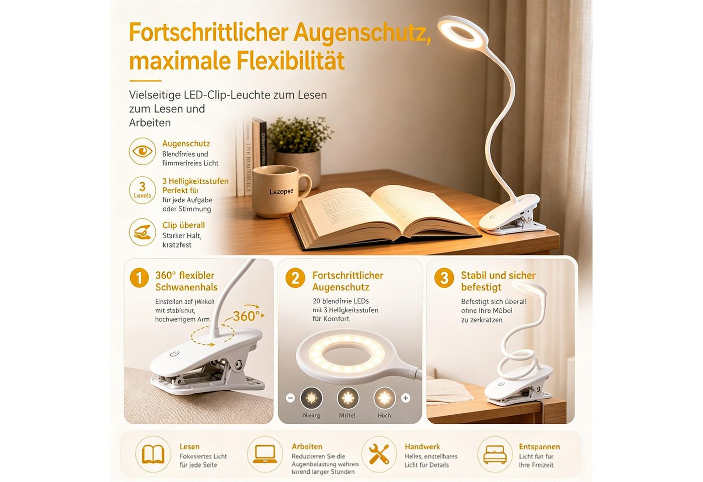 Fyrove LED Leselampe Leselampe Buch Klemme im Bett, USB Wiederaufladbare Leselicht, LED fest integriert, Warmweiß, Kaltweiß, Neutralweiß, Klemmlampe Augenschonende Leselampe Klemme mit 3 Helligkeitsstufen Bild 4