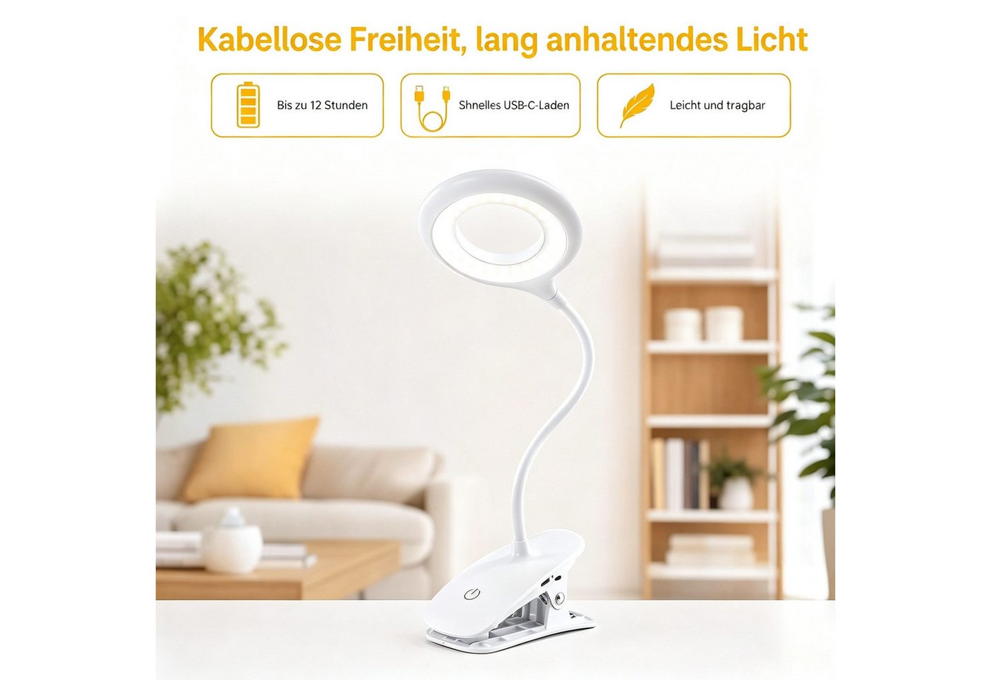 Fyrove LED Leselampe Leselampe Buch Klemme im Bett, USB Wiederaufladbare Leselicht, LED fest integriert, Warmweiß, Kaltweiß, Neutralweiß, Klemmlampe Augenschonende Leselampe Klemme mit 3 Helligkeitsstufen Bild 5