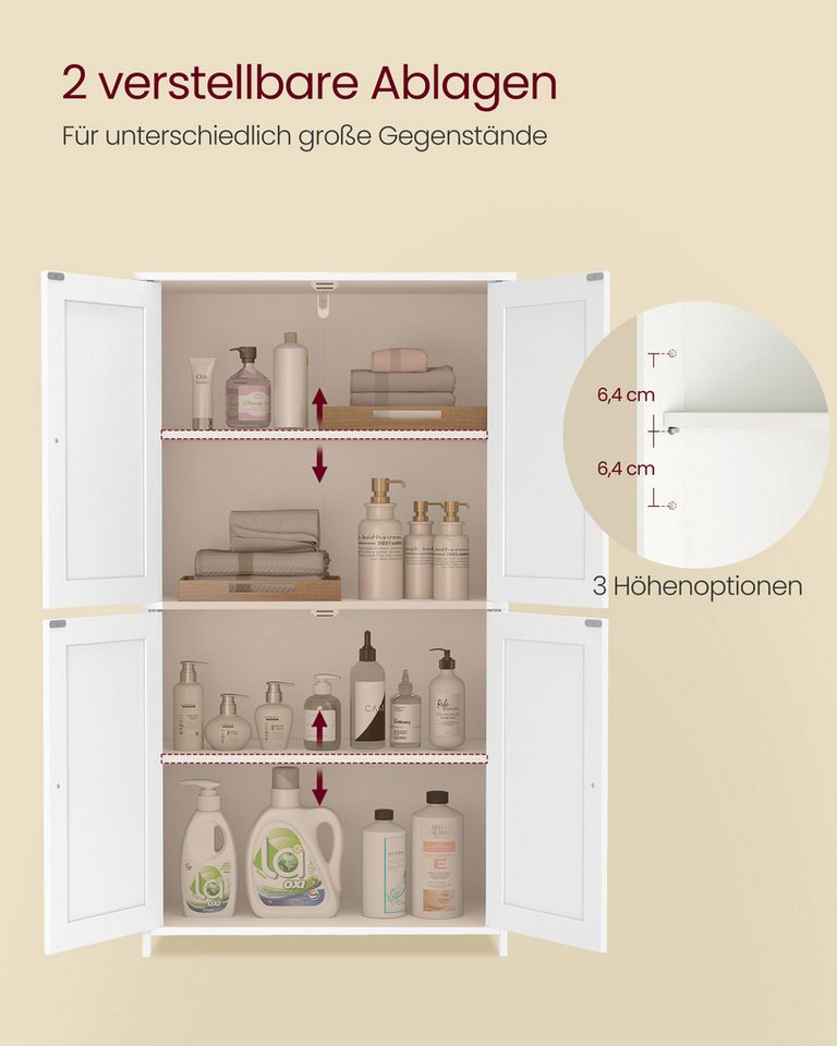 VASAGLE Badkommode Badezimmerschrank, Schrank für Badezimmer, Hochschrank, für Küche, Badschrank im Shaker-Stil, mit 2 verstellbaren Ablagen, 4 Türen
