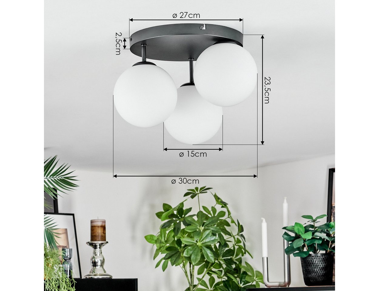 hofstein Deckenleuchte Deckenlampe aus Metall/Milchglas in Schwarz/Weiß, ohne Leuchtmittel, Deckenleuchte im Retro/Vintage-Design (Schirme Ø 15 cm), 3 x E14