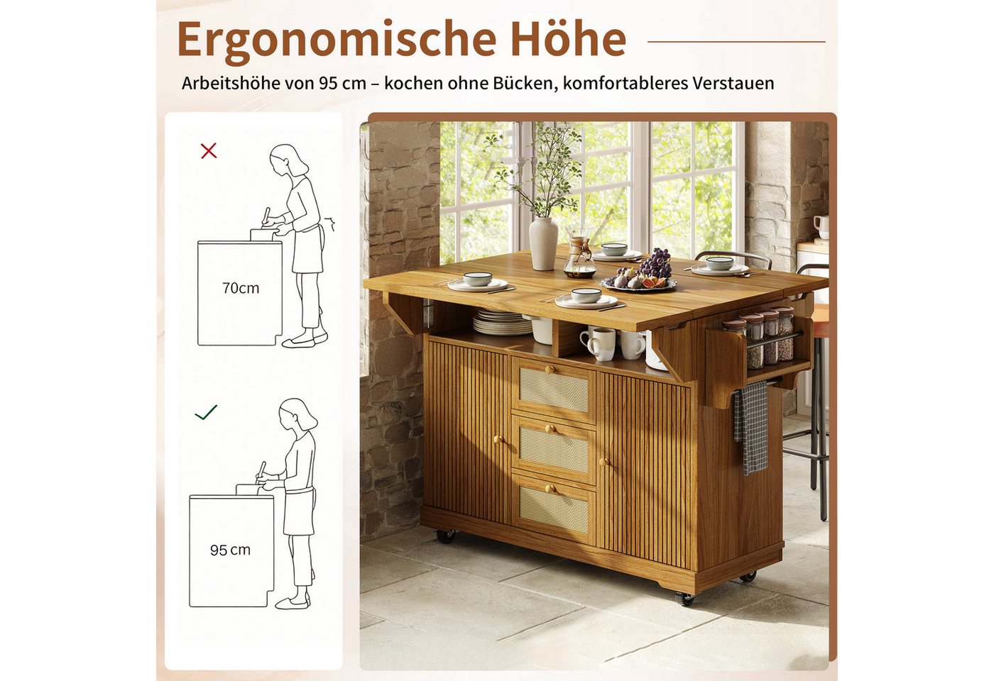 i@home Kücheninsel Küchenwagen Rattan Bartisch mit ausklappbaren Seiten, (Servierwagen mit Rattan-Schubladen), Barwagen für Balkon & Camping, Natur Bild 4