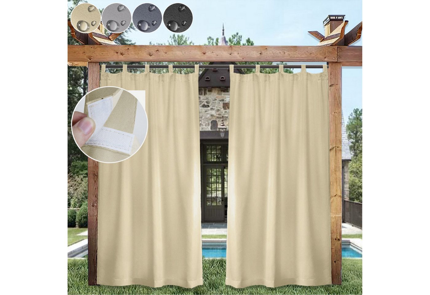 Lapamax Outdoorvorhang Wasserfest Sonnenschutz Winddicht Gardine mit Klettband, 1/2 Stück (2 St), Schlaufen, Polyester, UV-Schutz Outdoor gardinen, für Balkon Terrasse Pergola Pavillon