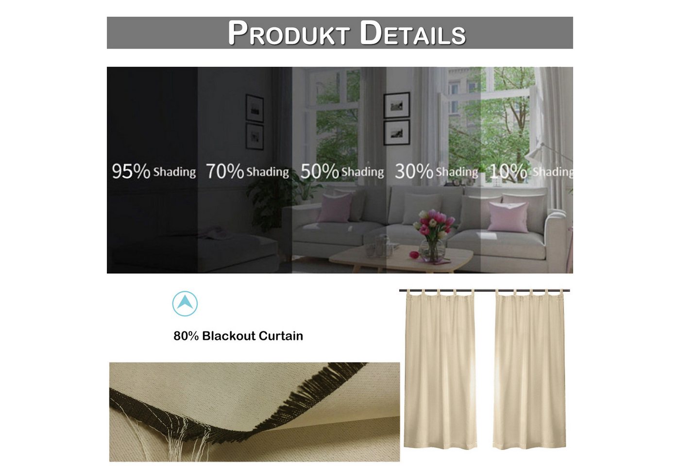 Lapamax Outdoorvorhang Wasserfest Sonnenschutz Winddicht Gardine mit Klettband, 1/2 Stück (2 St), Schlaufen, Polyester, UV-Schutz Outdoor gardinen, für Balkon Terrasse Pergola Pavillon Bild 2