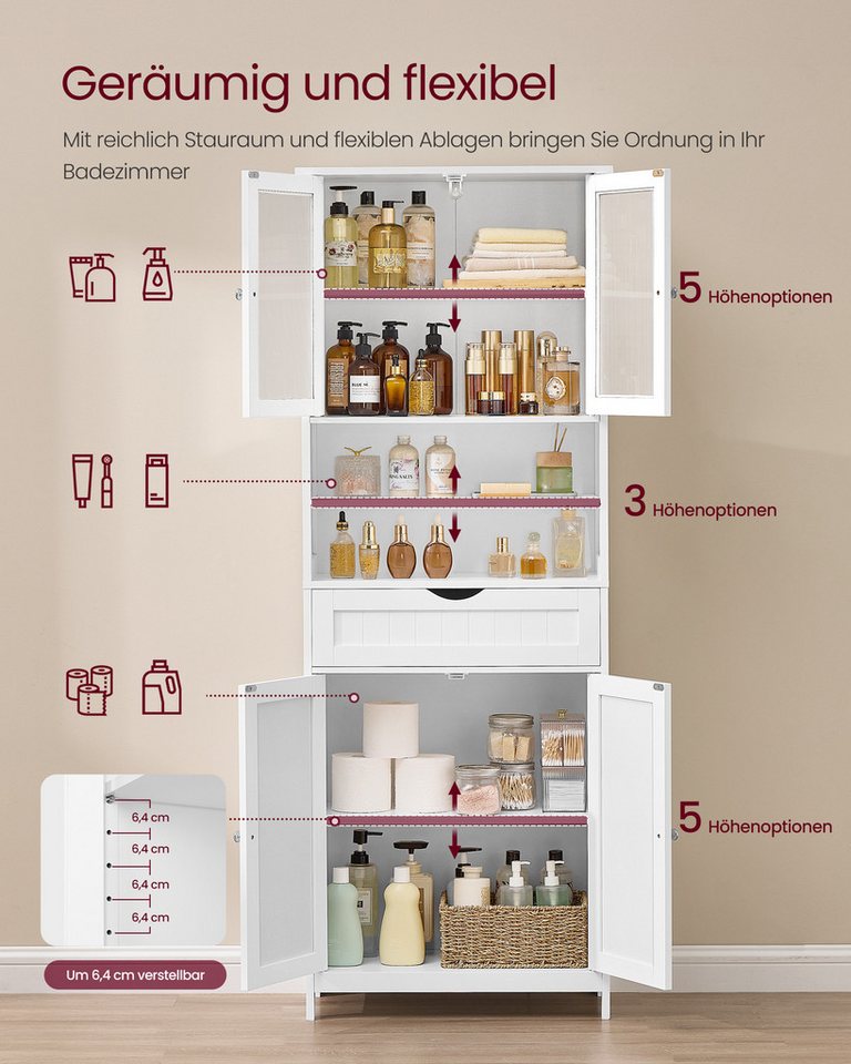 VASAGLE Badkommode Badschrank, Aufbewahrungsschrank mit verstellbaren Ablagen, Schublade (ohne/mit LED-Beleuchtung), offenen Fächern, für Badezimmer, Wohnzimmer, Esszimmer Bild 3
