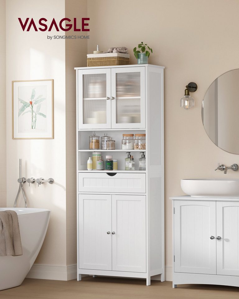 VASAGLE Badkommode Badschrank, Aufbewahrungsschrank mit verstellbaren Ablagen, Schublade (ohne/mit LED-Beleuchtung), offenen Fächern, für Badezimmer, Wohnzimmer, Esszimmer Bild 4
