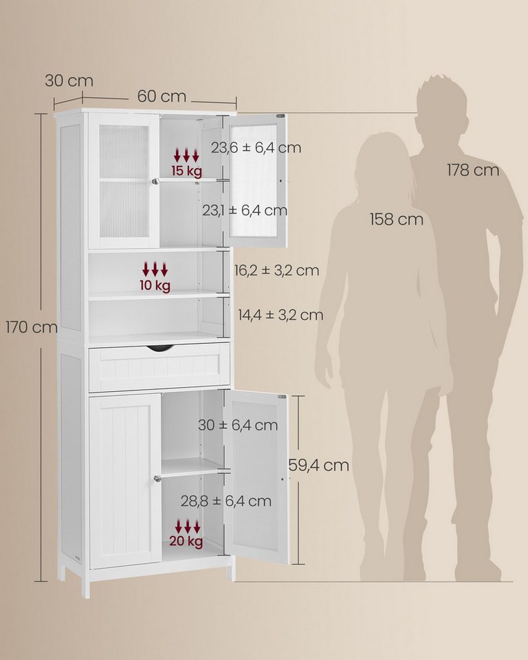 VASAGLE Badkommode Badschrank, Aufbewahrungsschrank mit verstellbaren Ablagen, Schublade (ohne/mit LED-Beleuchtung), offenen Fächern, für Badezimmer, Wohnzimmer, Esszimmer Bild 5