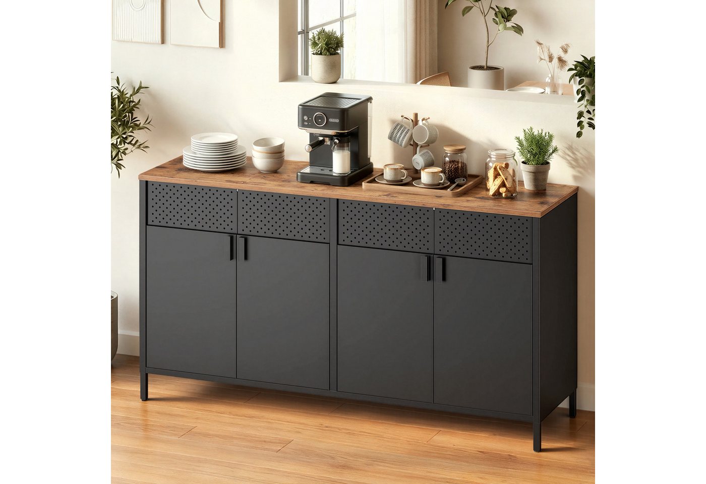 SONGMICS Aktenschrank Metallschrank, Aufbewahrungsschrank, mit 4 Türen, Magnetverschluss verstellbarer Einlegeboden, Stahlgestell, 40 x 141 x 76 cm Bild 4