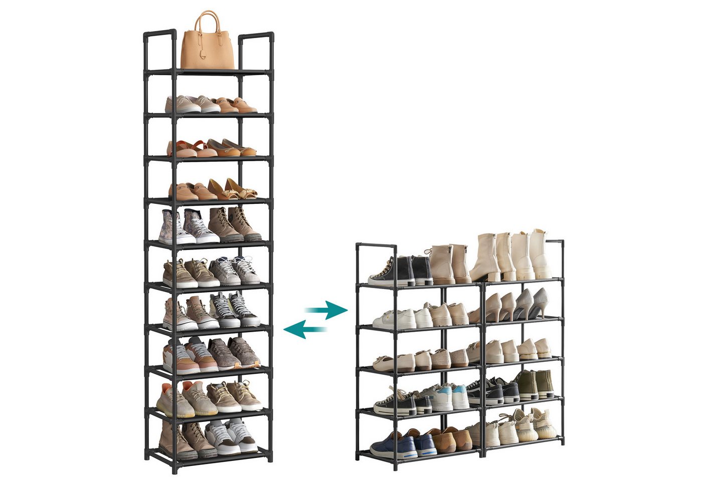 SONGMICS Schuhregal 10 Ebenen, Schuhablage, Schuhaufbewahrung, schmal, Metallgestell, für 20 Paar Schuhe und Stiefel, Ablagen aus Vliesstoff, für Flur, Schlafzimmer, 28 x 45 x 173 cm Bild 2