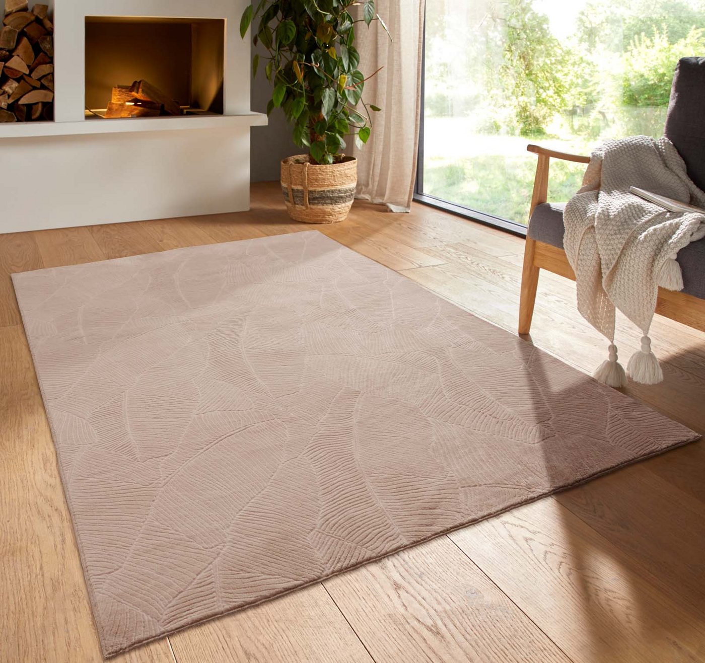 TaCa Home Teppich Kurzflor Teppich Hasenfell Optik, rund, Höhe: 10 mm, Wohnzimmer, Kinderzimmer, Esszimmer, Blätter Beige - 80 x 80 cm rund Bild 4