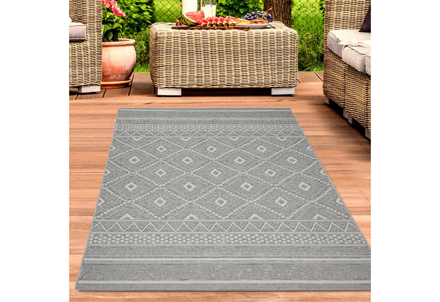 Carpetia Outdoorteppich In- & Outdoor Teppich Sisal Wohnzimmer Rauten Muster grau, rechteckig Bild 5