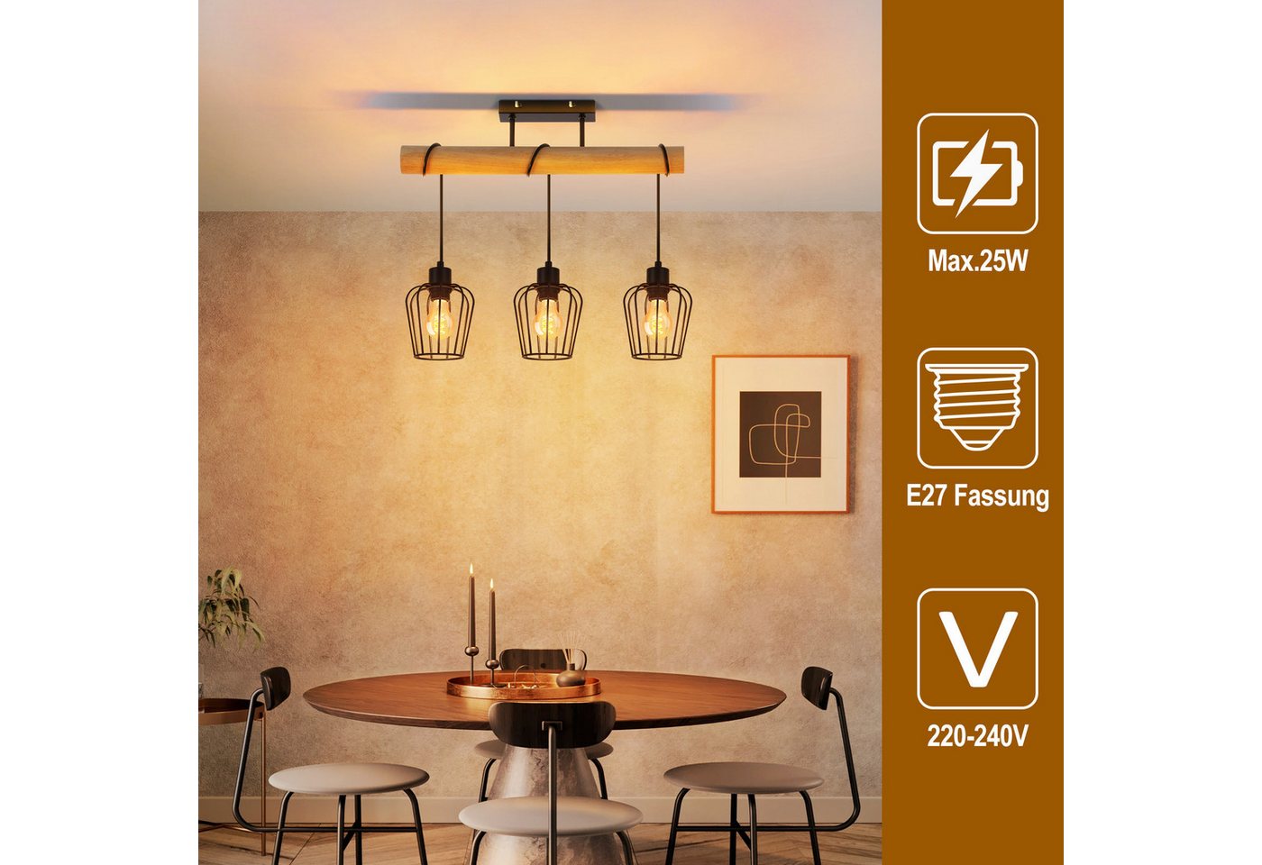 Nettlife Deckenleuchte Wohnzimmer Vintage Holz Rustikale Deckenlampe E27 Fassung, LED wechselbar, Geeignet für Schlafzimmer, Wohnzimmer, Esszimmer, Arbeitszimmer, Flur
