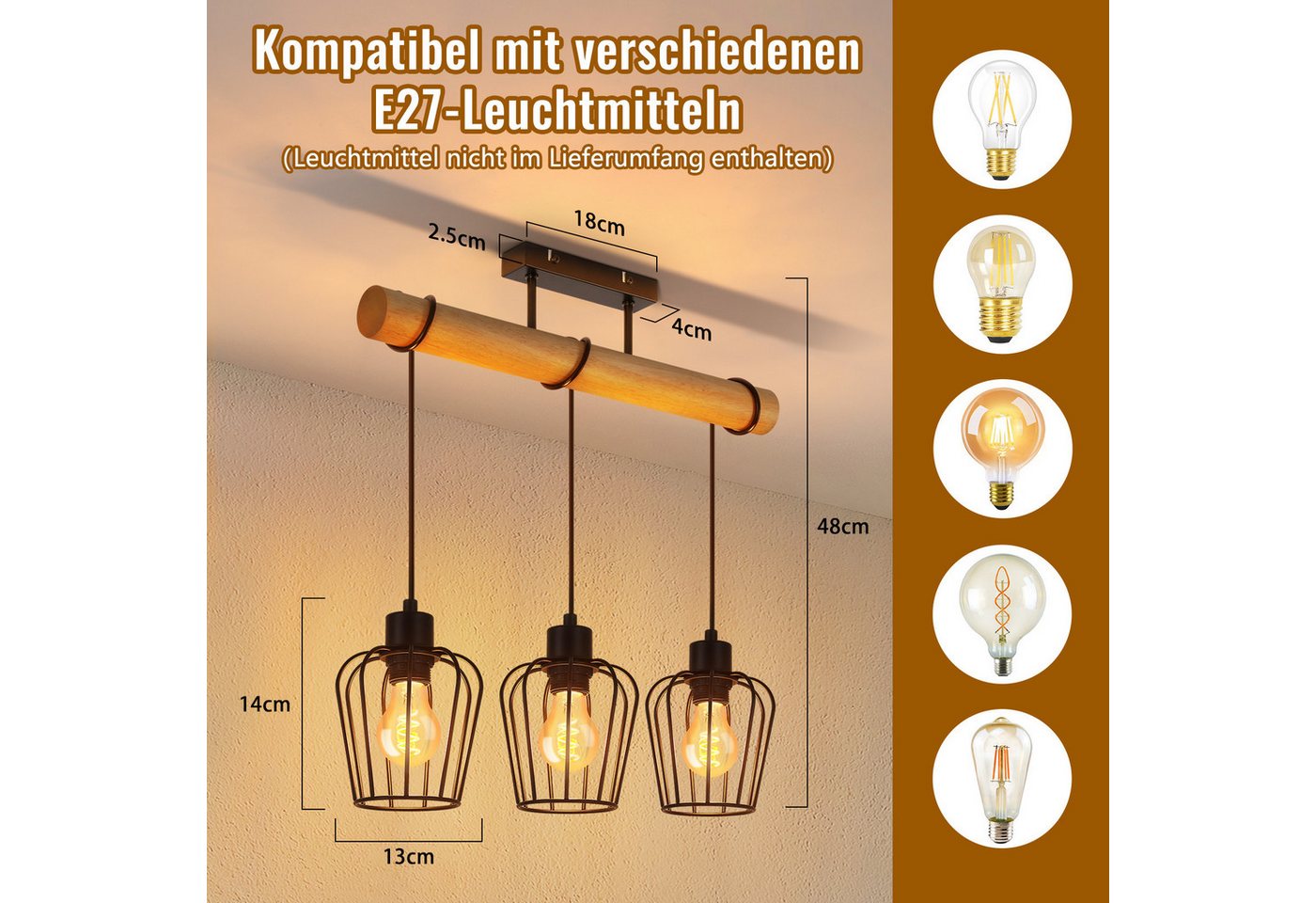 Nettlife Deckenleuchte Wohnzimmer Vintage Holz Rustikale Deckenlampe E27 Fassung, LED wechselbar, Geeignet für Schlafzimmer, Wohnzimmer, Esszimmer, Arbeitszimmer, Flur Bild 2