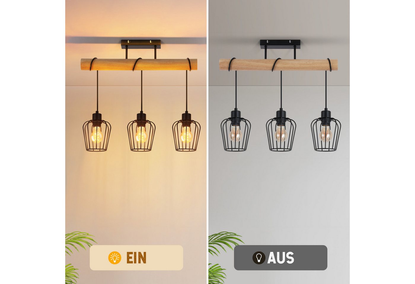 Nettlife Deckenleuchte Wohnzimmer Vintage Holz Rustikale Deckenlampe E27 Fassung, LED wechselbar, Geeignet für Schlafzimmer, Wohnzimmer, Esszimmer, Arbeitszimmer, Flur Bild 3
