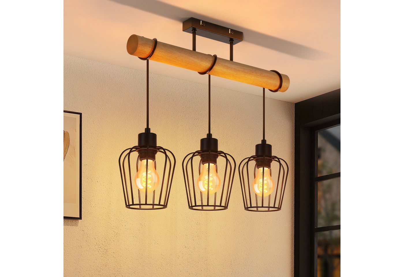 Nettlife Deckenleuchte Wohnzimmer Vintage Holz Rustikale Deckenlampe E27 Fassung, LED wechselbar, Geeignet für Schlafzimmer, Wohnzimmer, Esszimmer, Arbeitszimmer, Flur Bild 5