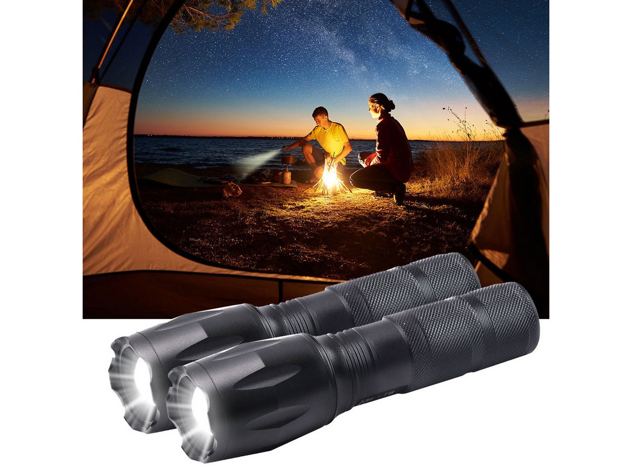 Casativo LED Taschenlampe Cree LED-Taschenlampe 260lm mit Powerbank 200m Reichweite IP44 (2-St., 1er-Set & 2er-Set), wiederaufladbar, Zoom & USB, Notfallmodi