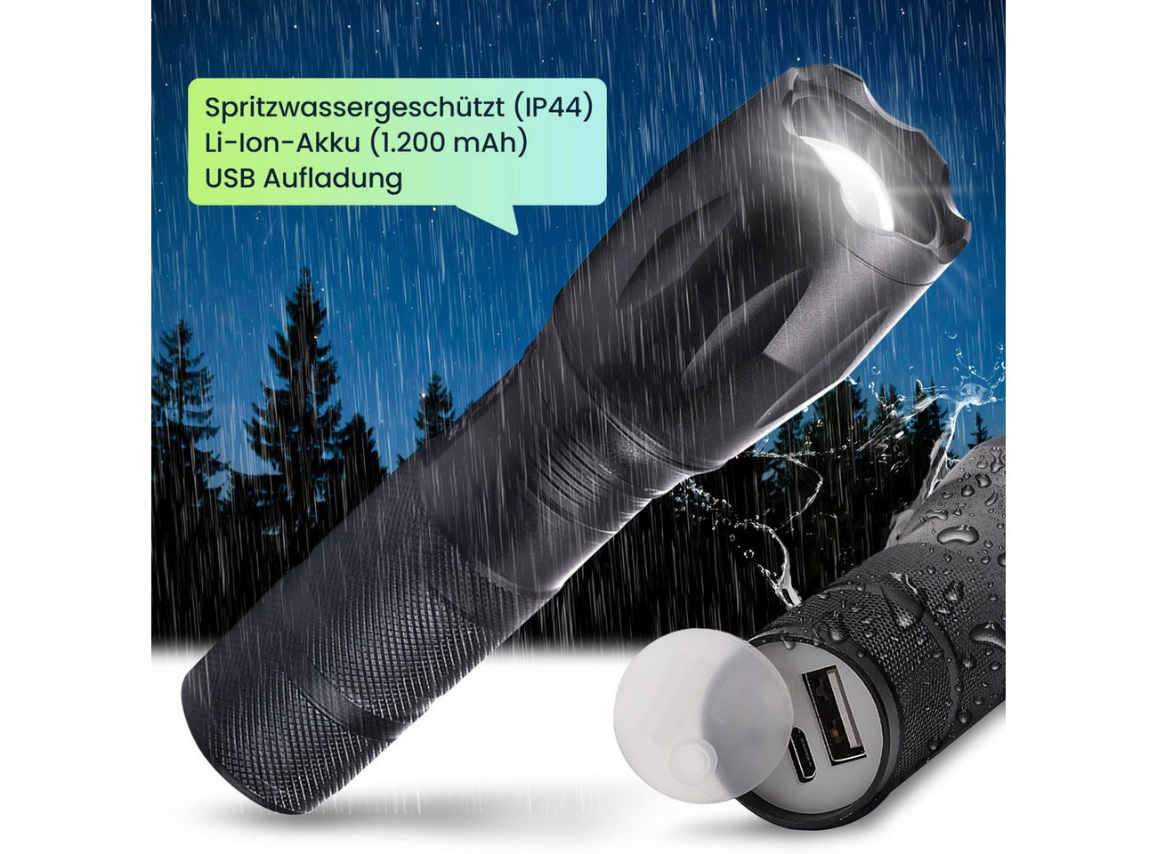 Casativo LED Taschenlampe Cree LED-Taschenlampe 260lm mit Powerbank 200m Reichweite IP44 (2-St., 1er-Set & 2er-Set), wiederaufladbar, Zoom & USB, Notfallmodi Bild 4
