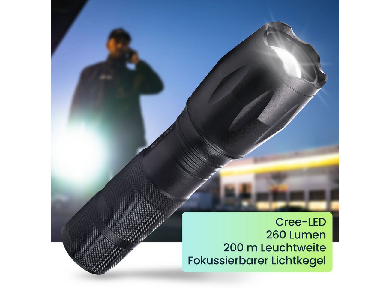 Casativo LED Taschenlampe Cree LED-Taschenlampe 260lm mit Powerbank 200m Reichweite IP44 (2-St., 1er-Set & 2er-Set), wiederaufladbar, Zoom & USB, Notfallmodi Bild 5