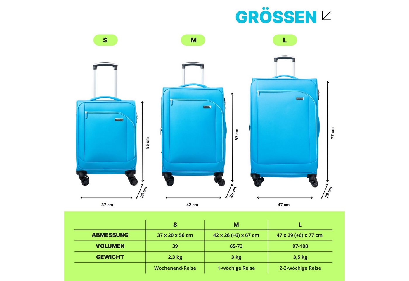 Crosstravel Trolleyset Monterey, 4 Rollen, (3 tlg., Weichgepäck Trolley Set), Volumenerweiterung bei Größe M+L Bild 5