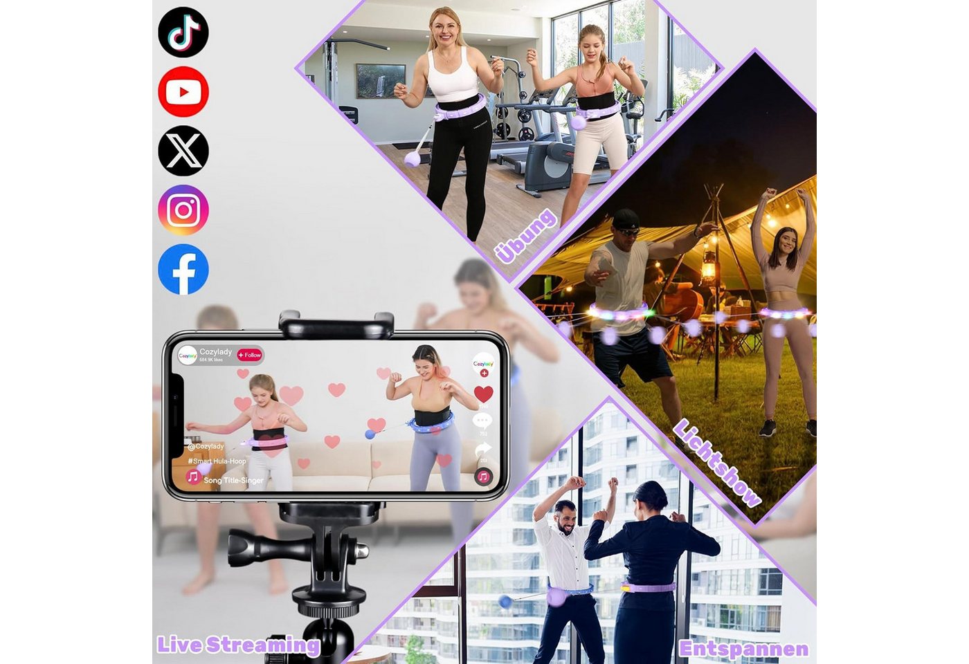 Vivitar Hula-Hoop-Reifen Verstellbarer Hula Hoop Reifen für Erwachsene mit LED-Beleuchtung (einfach zu bedienen, fördert Durchblutung, Koordination & Ganzkörpertraining, Fitnessgerät für Zuhause, Fitnessstudio oder Outdoor, abnehmbar), leise und tragbar, Silikon-Massage-Design für Bauch, Taille, Rücken Bild 2
