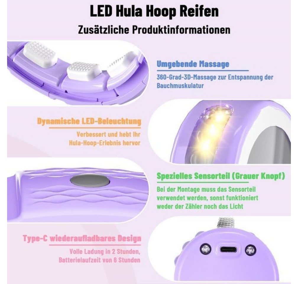 Vivitar Hula-Hoop-Reifen Verstellbarer Hula Hoop Reifen für Erwachsene mit LED-Beleuchtung (einfach zu bedienen, fördert Durchblutung, Koordination & Ganzkörpertraining, Fitnessgerät für Zuhause, Fitnessstudio oder Outdoor, abnehmbar), leise und tragbar, Silikon-Massage-Design für Bauch, Taille, Rücken Bild 3