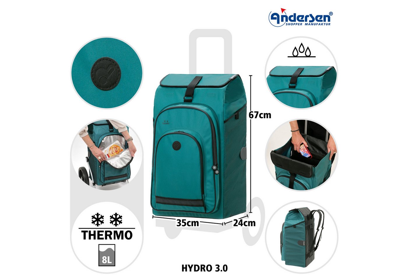 Andersen Einkaufstrolley Royal Shopper Hydro 3.0 petrol, Thermofach 8 Liter, klappbar, belastbar bis 50kg, wasserabweisend