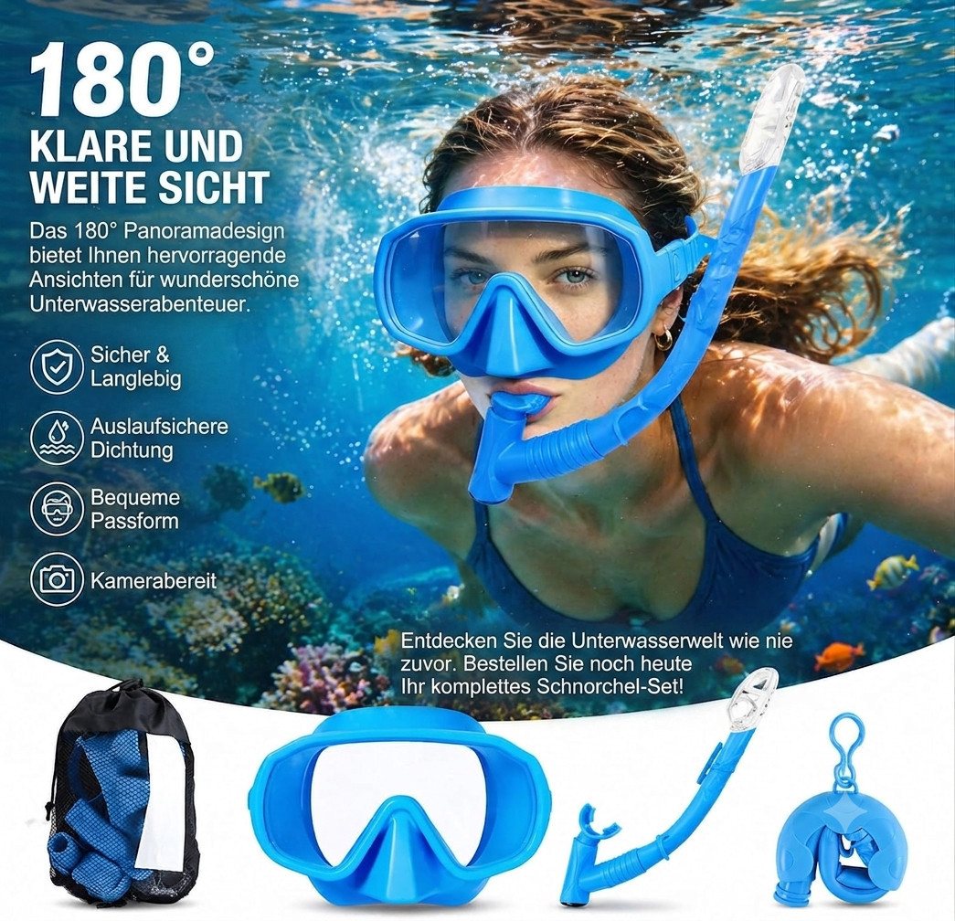 Pgtc Tauchermaske Schnorchelset Erwachsene Tauchmaske Hartglas Panoramasicht Faltbarer, (3-teiliges Schnorchelset Erwachsene mit Panorama-Maske, 3-teiliges Set mit Maske, Schnorchel und Transporttasche), Panoramasicht, Anti-Beschlag, Hartglas, faltbarer Schnorchel