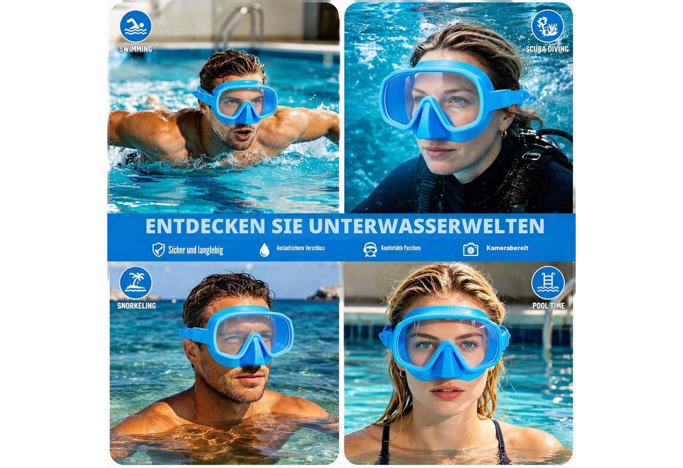 Pgtc Tauchermaske Schnorchelset Erwachsene Tauchmaske Hartglas Panoramasicht Faltbarer, (3-teiliges Schnorchelset Erwachsene mit Panorama-Maske, 3-teiliges Set mit Maske, Schnorchel und Transporttasche), Panoramasicht, Anti-Beschlag, Hartglas, faltbarer Schnorchel Bild 2