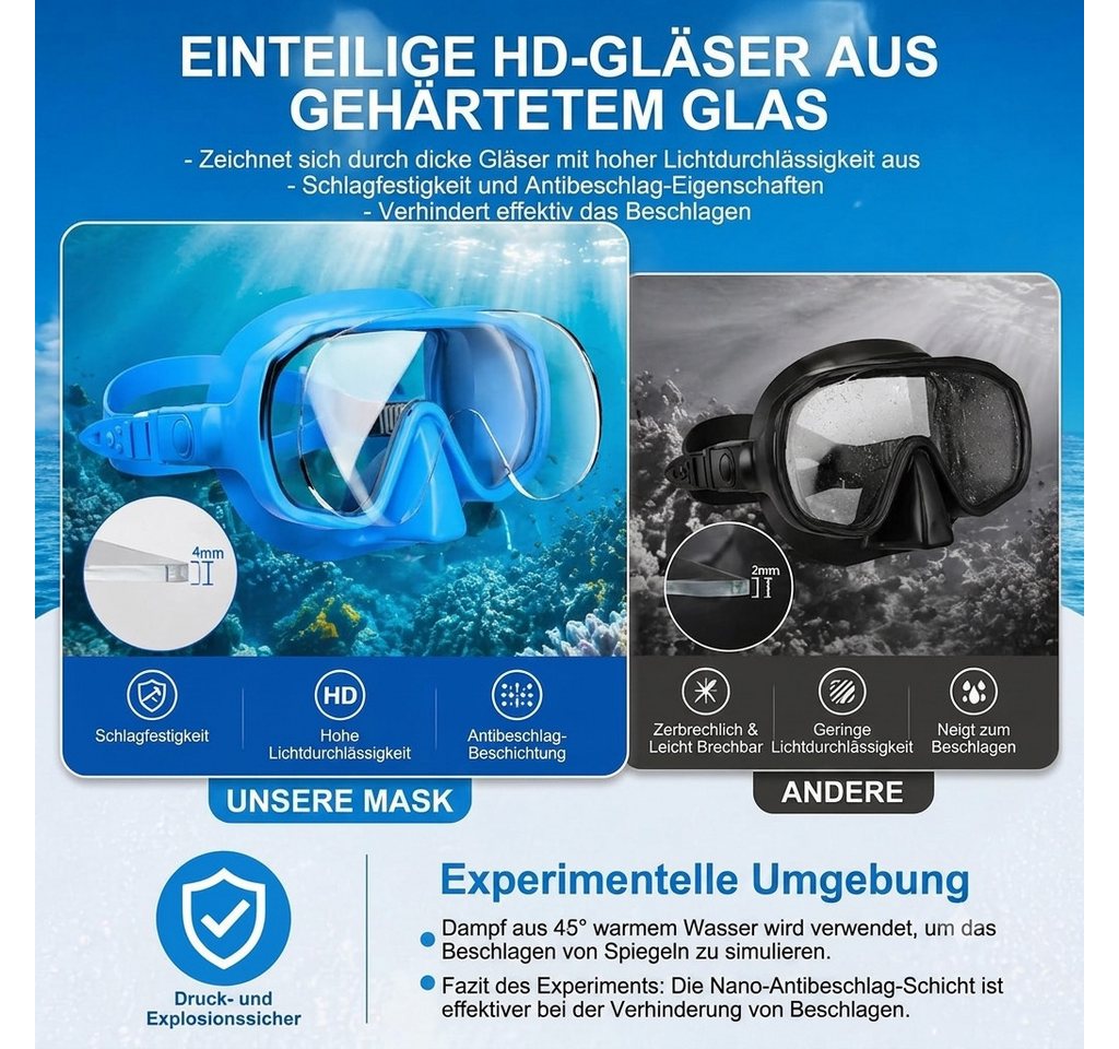 Pgtc Tauchermaske Schnorchelset Erwachsene Tauchmaske Hartglas Panoramasicht Faltbarer, (3-teiliges Schnorchelset Erwachsene mit Panorama-Maske, 3-teiliges Set mit Maske, Schnorchel und Transporttasche), Panoramasicht, Anti-Beschlag, Hartglas, faltbarer Schnorchel Bild 3