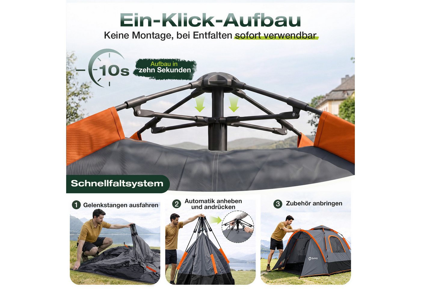 Sekey Kuppelzelt 3‑in‑1 Campingzelt für 4 Personen mit Vorzelt und Markise, wasserdicht, Personen: 4, Pop up Kuppelzelte, Wasserdicht PU3000+ & UPF50+ Sonnenschutz