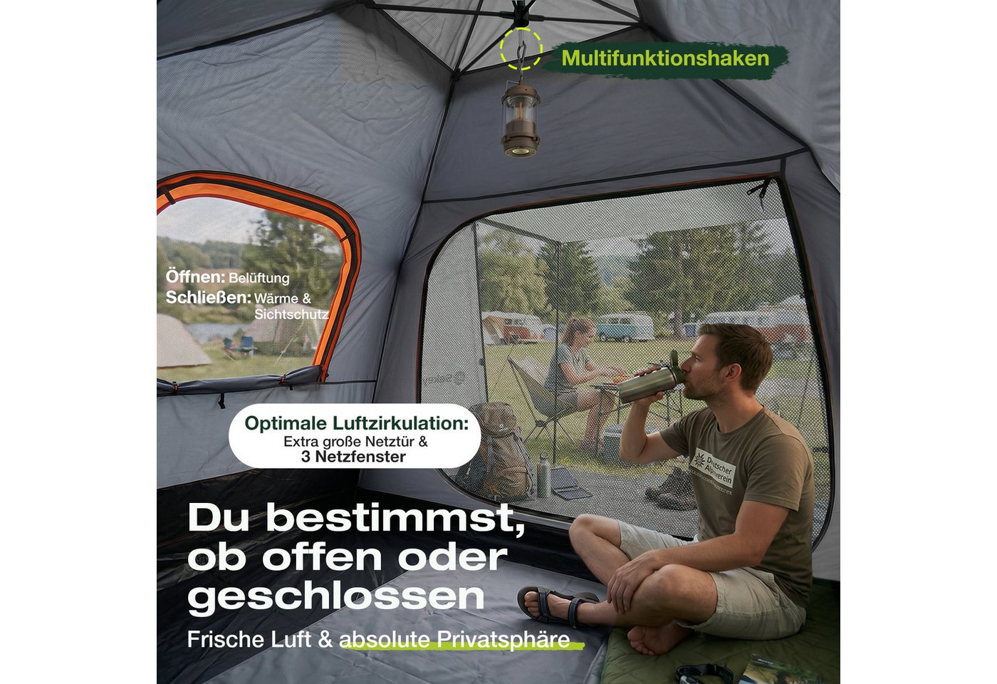 Sekey Kuppelzelt 3‑in‑1 Campingzelt für 4 Personen mit Vorzelt und Markise, wasserdicht, Personen: 4, Pop up Kuppelzelte, Wasserdicht PU3000+ & UPF50+ Sonnenschutz Bild 2
