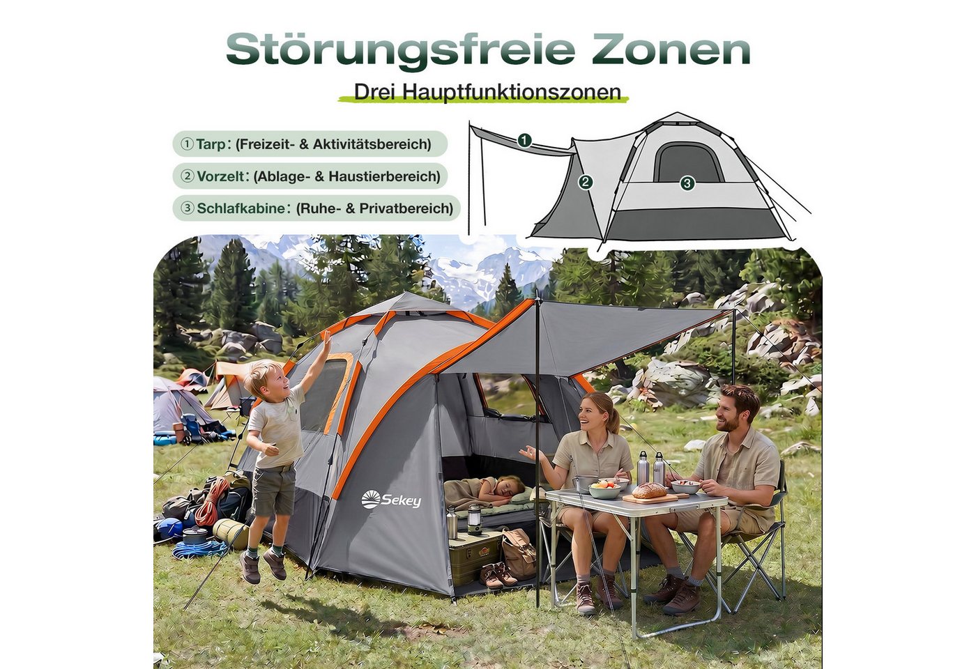 Sekey Kuppelzelt 3‑in‑1 Campingzelt für 4 Personen mit Vorzelt und Markise, wasserdicht, Personen: 4, Pop up Kuppelzelte, Wasserdicht PU3000+ & UPF50+ Sonnenschutz Bild 3