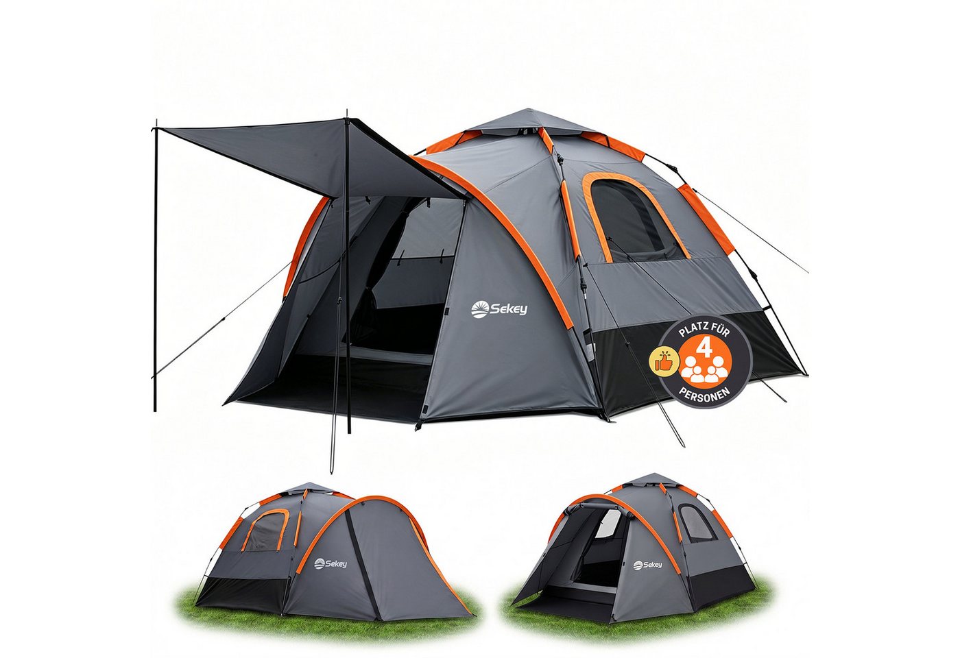 Sekey Kuppelzelt 3‑in‑1 Campingzelt für 4 Personen mit Vorzelt und Markise, wasserdicht, Personen: 4, Pop up Kuppelzelte, Wasserdicht PU3000+ & UPF50+ Sonnenschutz Bild 4