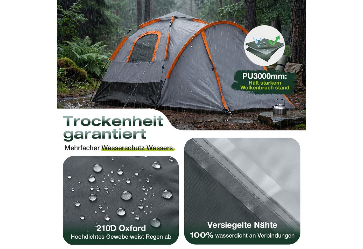 Sekey Kuppelzelt 3‑in‑1 Campingzelt für 4 Personen mit Vorzelt und Markise, wasserdicht, Personen: 4, Pop up Kuppelzelte, Wasserdicht PU3000+ & UPF50+ Sonnenschutz Bild 5