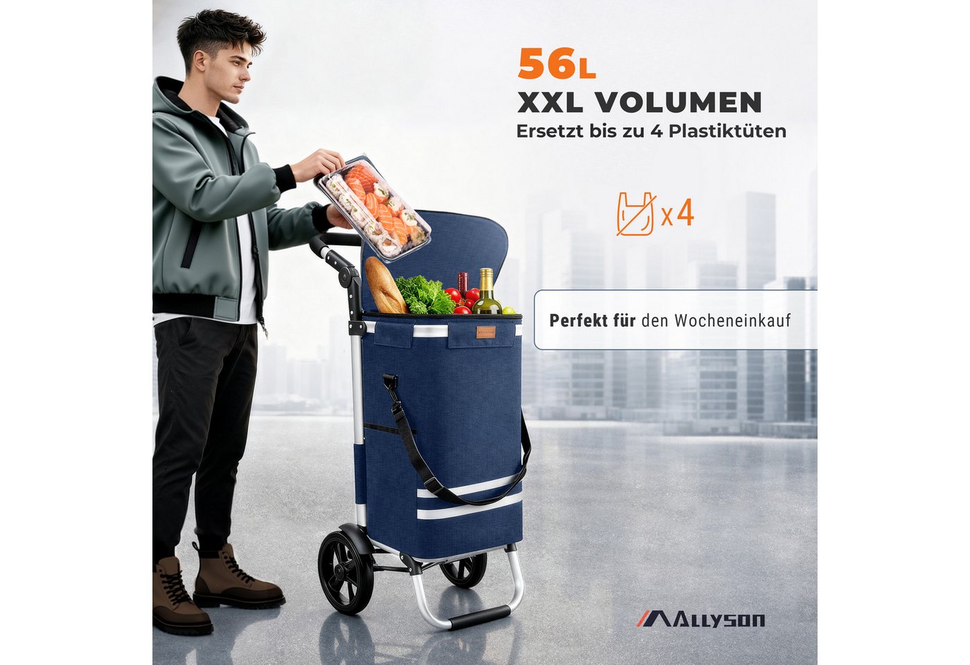 Allyson Einkaufstrolley Einkaufswagen klappbar, Einkauftrolley mit Leisen Rädern & Kühlfach, 2-in-1 Funktion: Tasche abnehmbar, Gestell als Sackkarre nutzbar.