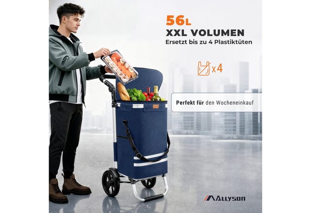 Allyson Einkaufstrolley Einkaufswagen klappbar, Einkauftrolley mit Leisen Rädern & Kühlfach, 2-in-1 Funktion: Tasche abnehmbar, Gestell als Sackkarre nutzbar.