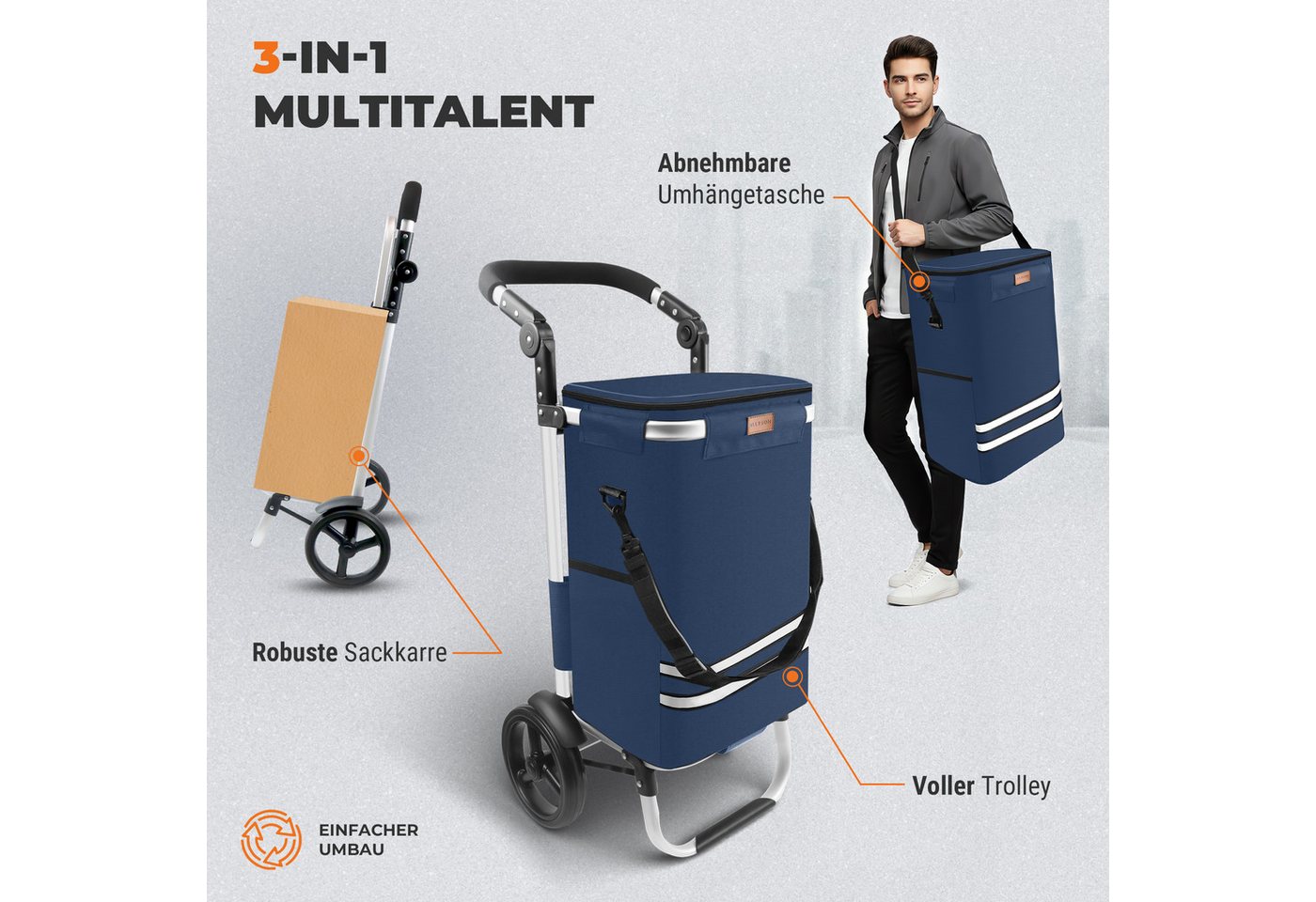Allyson Einkaufstrolley Einkaufswagen klappbar, Einkauftrolley mit Leisen Rädern & Kühlfach, 2-in-1 Funktion: Tasche abnehmbar, Gestell als Sackkarre nutzbar. Bild 5
