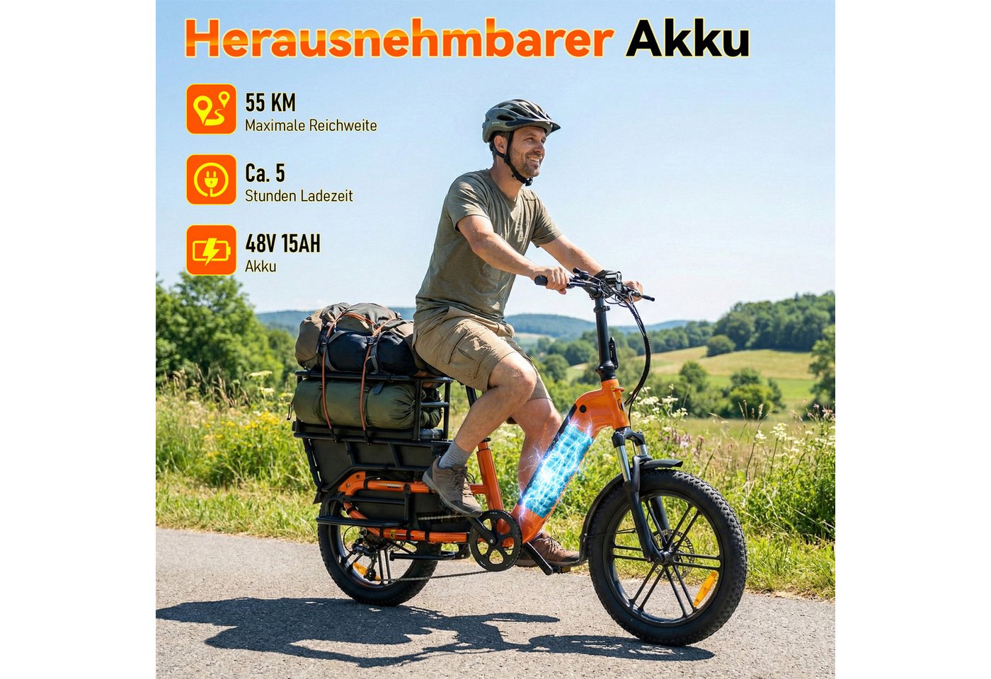 SISIGAD E-Bike Cityrad 20'' E-Lastenrad Longtail mit Kindersitz – 250W Motor, 48V 15Ah Akku, Heckmotor, 720 Wh, E-Cargo Bike Fat Tire E-Bike, 55 km Reichweite und 204 kg Zuladung Bild 2