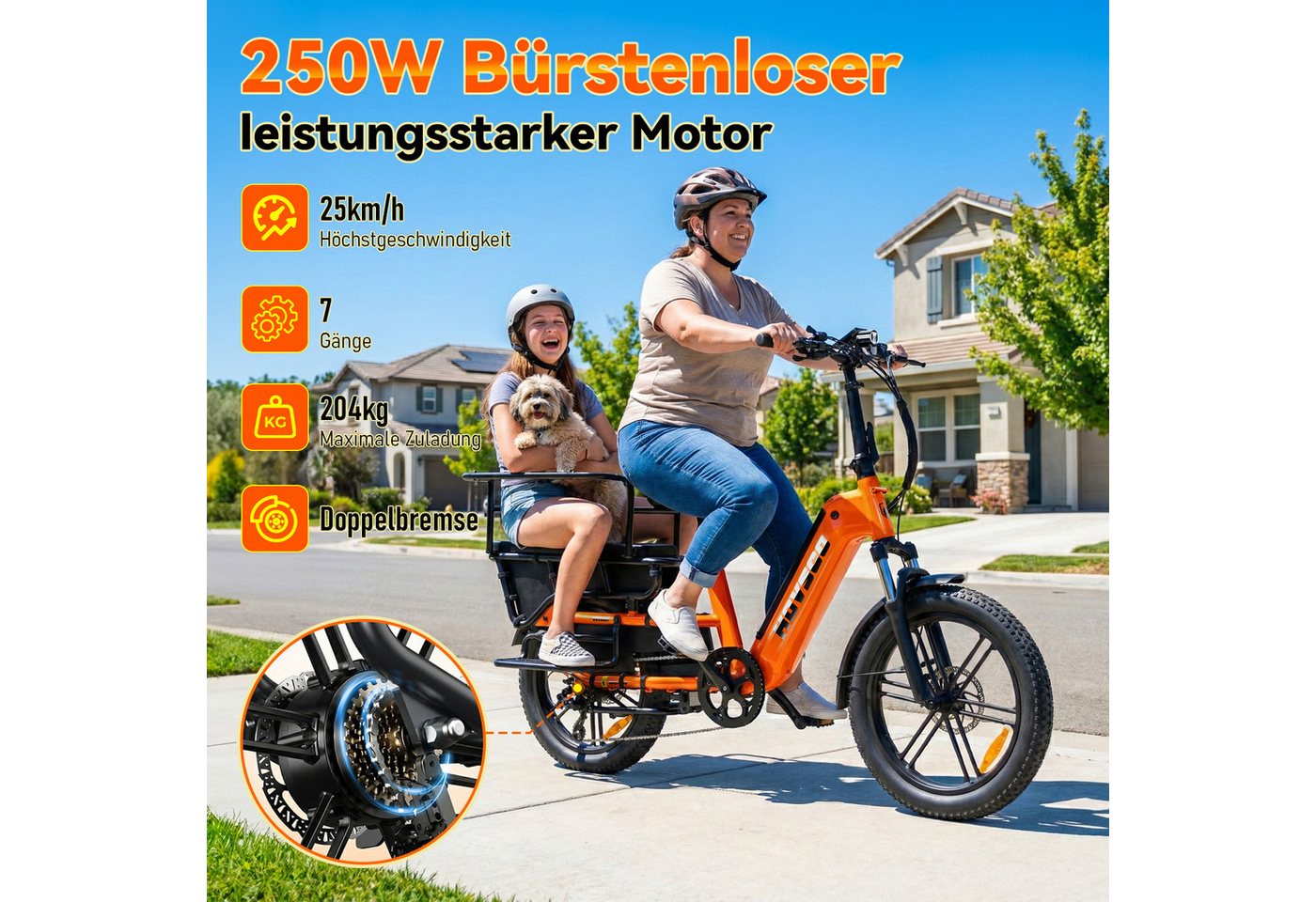 SISIGAD E-Bike Cityrad 20'' E-Lastenrad Longtail mit Kindersitz – 250W Motor, 48V 15Ah Akku, Heckmotor, 720 Wh, E-Cargo Bike Fat Tire E-Bike, 55 km Reichweite und 204 kg Zuladung Bild 3