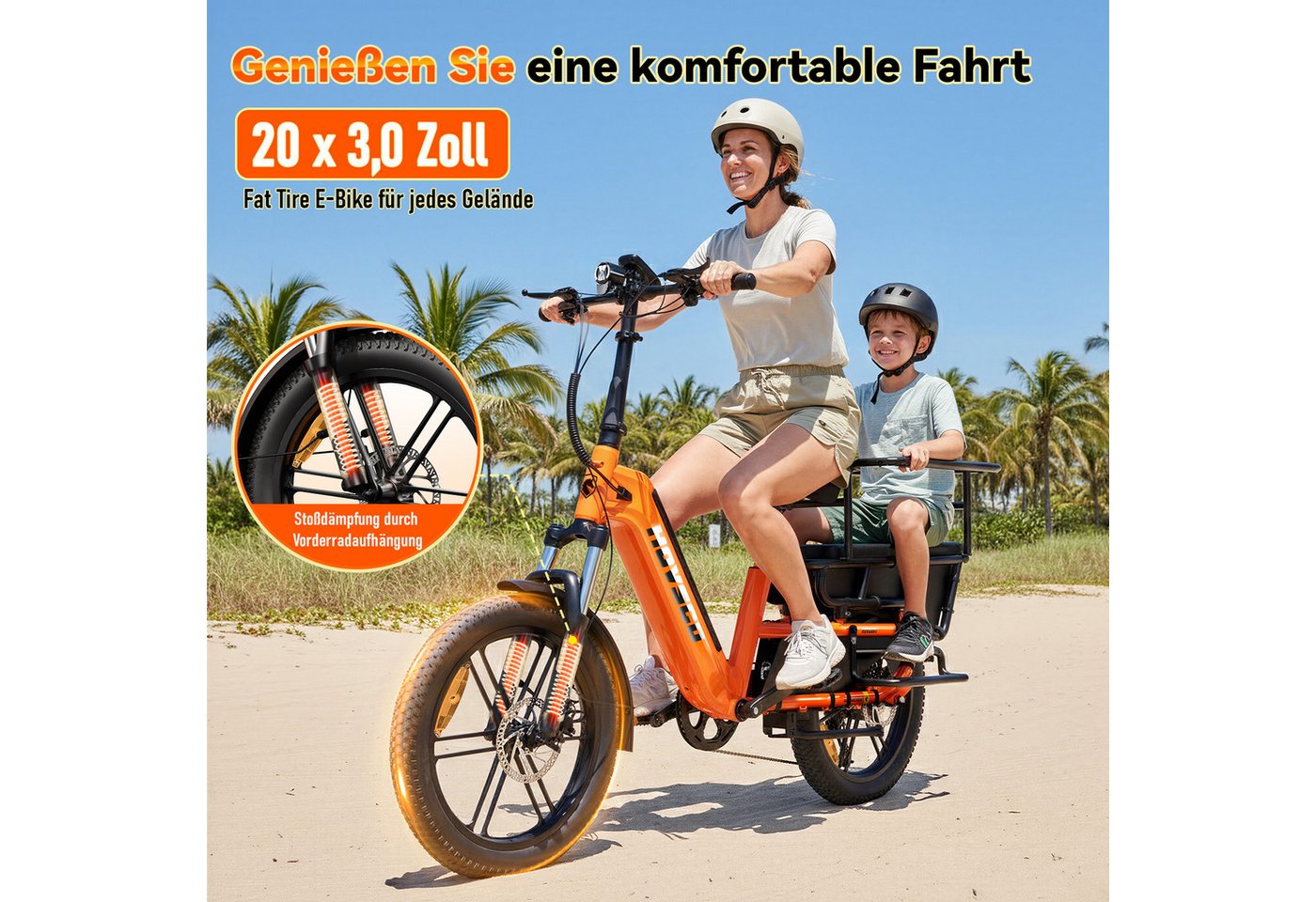 SISIGAD E-Bike Cityrad 20'' E-Lastenrad Longtail mit Kindersitz – 250W Motor, 48V 15Ah Akku, Heckmotor, 720 Wh, E-Cargo Bike Fat Tire E-Bike, 55 km Reichweite und 204 kg Zuladung Bild 4
