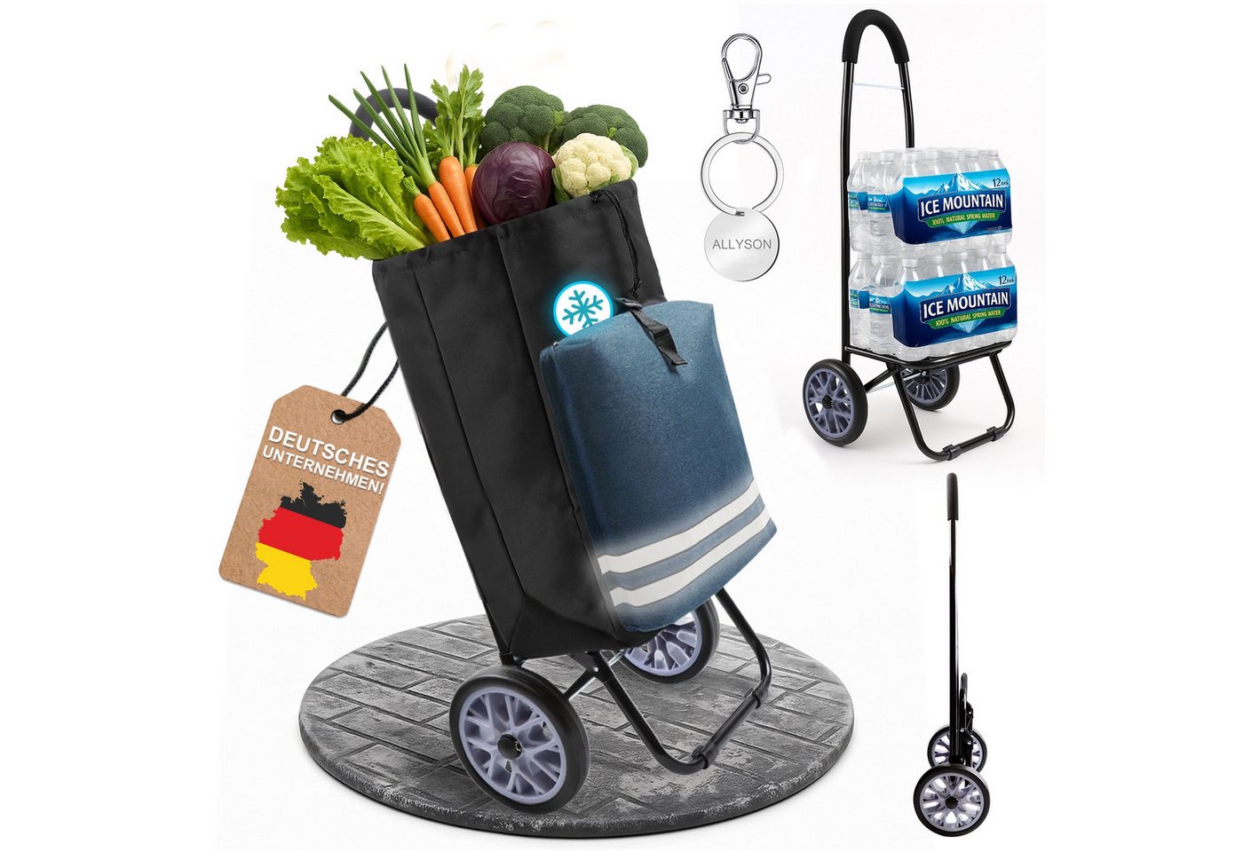 Allyson Einkaufstrolley Klappbarer Shopping Trolley & Einkaufswagen Treppensteiger, 45L Volumen, Kühlfach, Reflektoren, Farbe: Blau, Aluminium-Gestell