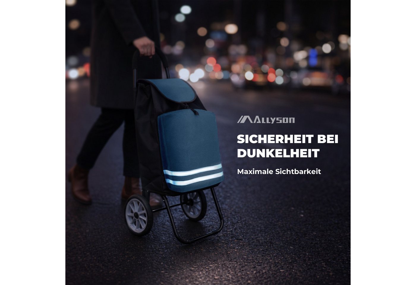 Allyson Einkaufstrolley Klappbarer Shopping Trolley & Einkaufswagen Treppensteiger, 45L Volumen, Kühlfach, Reflektoren, Farbe: Blau, Aluminium-Gestell Bild 2