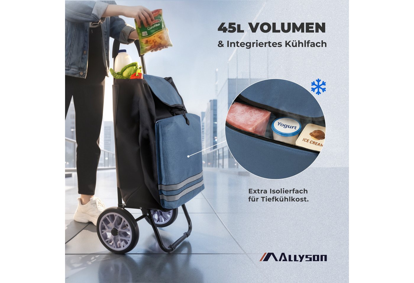 Allyson Einkaufstrolley Klappbarer Shopping Trolley & Einkaufswagen Treppensteiger, 45L Volumen, Kühlfach, Reflektoren, Farbe: Blau, Aluminium-Gestell Bild 3