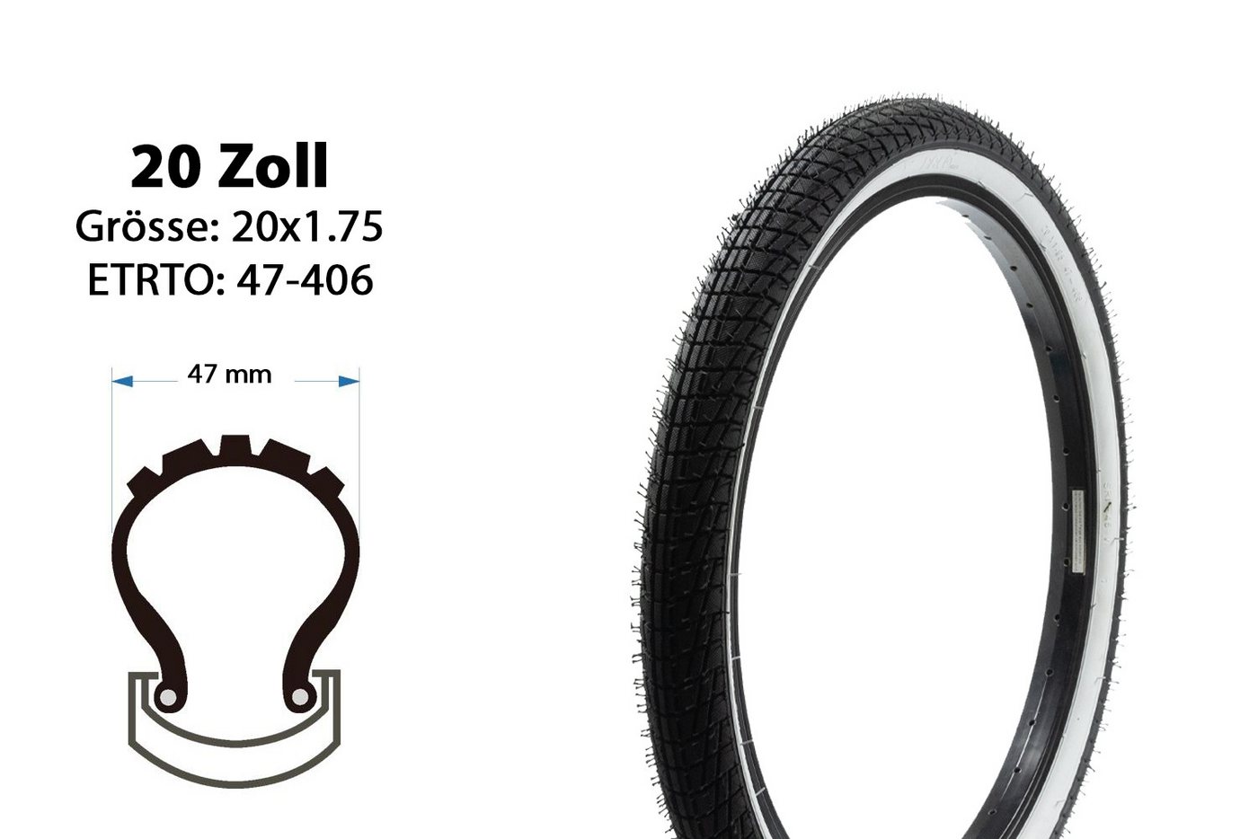 KENDA Fahrradreifen 20 Zoll Fahrrad Reifen 20x1.95 BMX Mantel Decke 47-406 Whitewall tire Bild 2