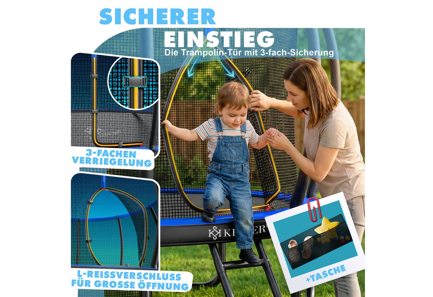 KESSER Gartentrampolin Trampolin Outdoor GS-geprüft Ø 305cm für Kinder & Erwachsene bis 150kg, Ø 305 cm, inklusive Sicherheitsnetz, Tasche, Leiter, Randabdeckung & Netzstangen