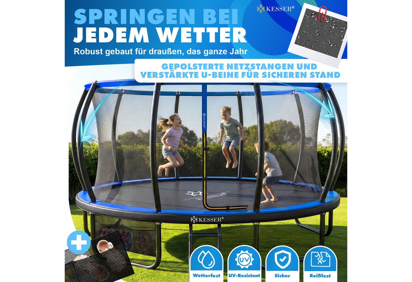 KESSER Gartentrampolin Trampolin Outdoor GS-geprüft Ø 305cm für Kinder & Erwachsene bis 150kg, Ø 305 cm, inklusive Sicherheitsnetz, Tasche, Leiter, Randabdeckung & Netzstangen Bild 3