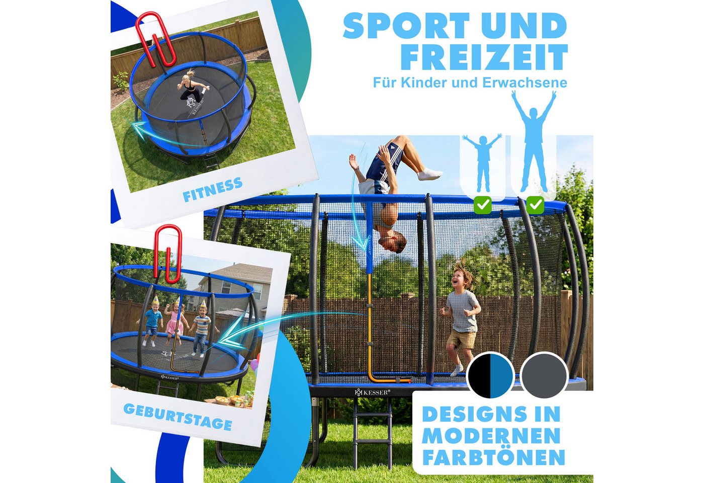 KESSER Gartentrampolin Trampolin Outdoor GS-geprüft Ø 305cm für Kinder & Erwachsene bis 150kg, Ø 305 cm, inklusive Sicherheitsnetz, Tasche, Leiter, Randabdeckung & Netzstangen Bild 4