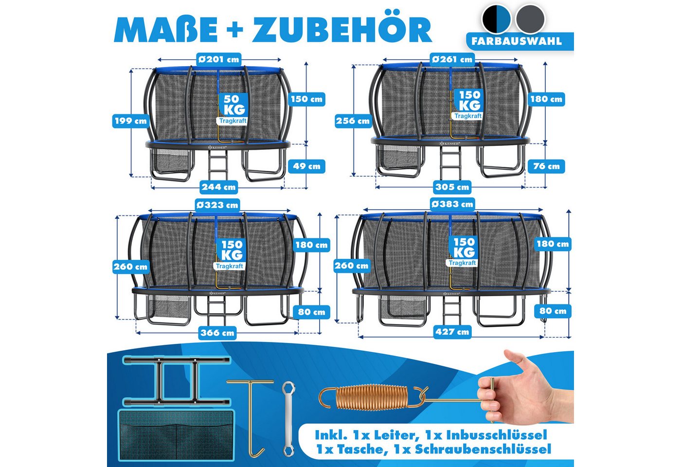 KESSER Gartentrampolin Trampolin Outdoor GS-geprüft Ø 305cm für Kinder & Erwachsene bis 150kg, Ø 305 cm, inklusive Sicherheitsnetz, Tasche, Leiter, Randabdeckung & Netzstangen Bild 5