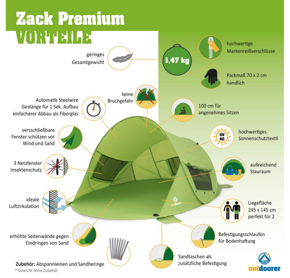 outdoorer Strandmuschel Zack Premium grün, UV 80, mit Fenstern, Pop-up Bild 5
