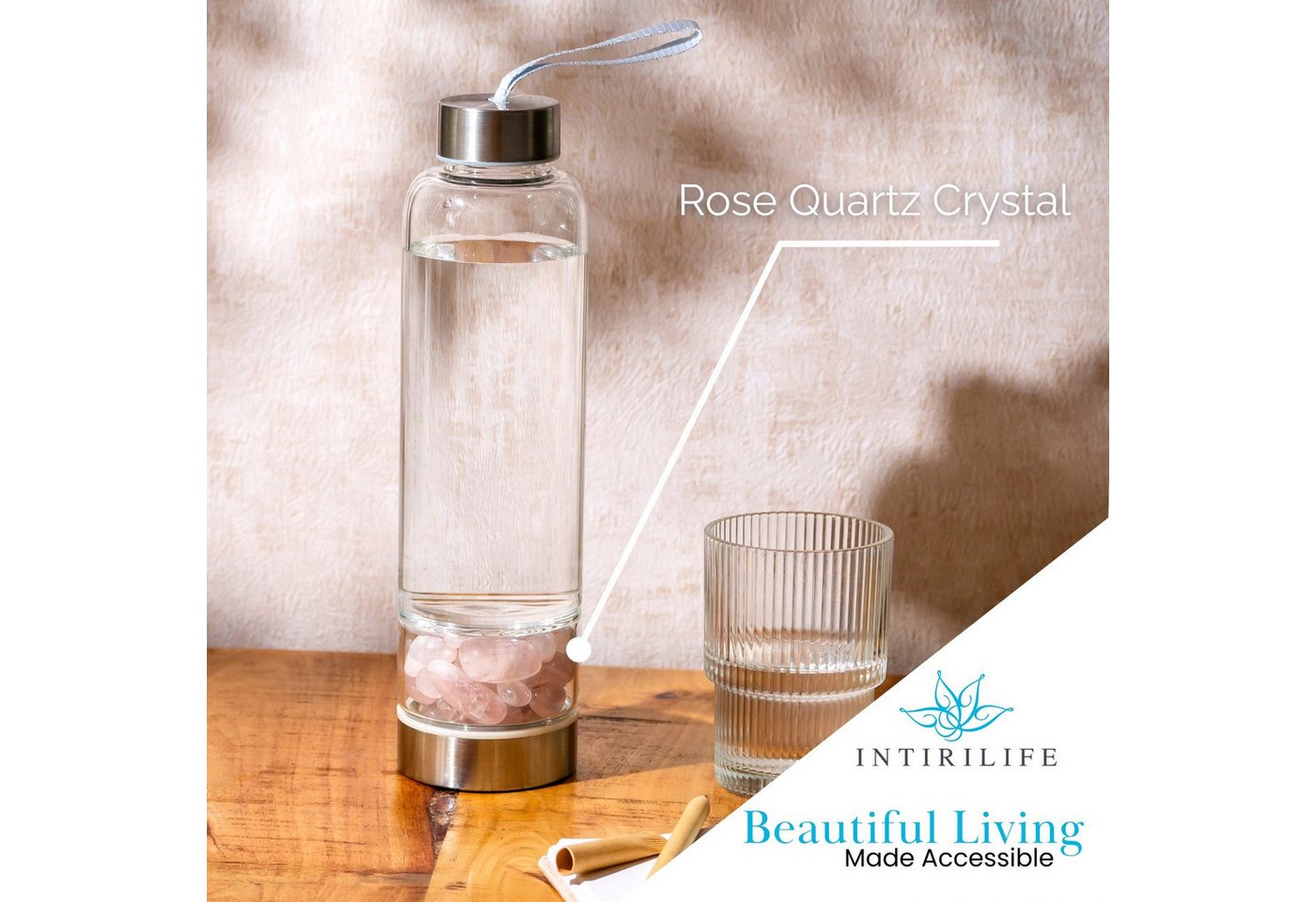 Intirilife Trinkflasche, Trinkflasche Wasserflasche - Heilsteinen, Tasche - Rosenquarz Bild 3
