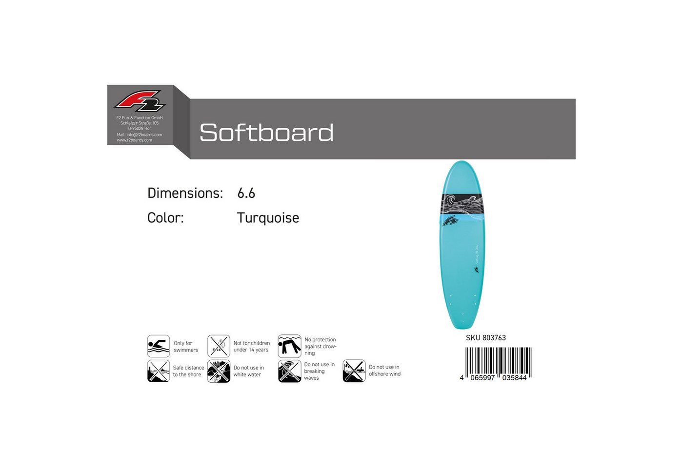 F2 Wellenreiter F2 Wellenreiter Softboard 6,6 Türkis 2024/25, Surfbrett